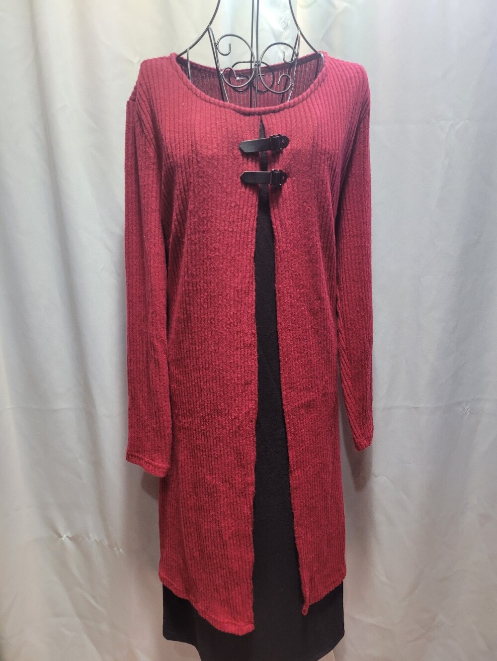 Long Sleeve Ribbed Red Knit Layered Dress. Warm Longline